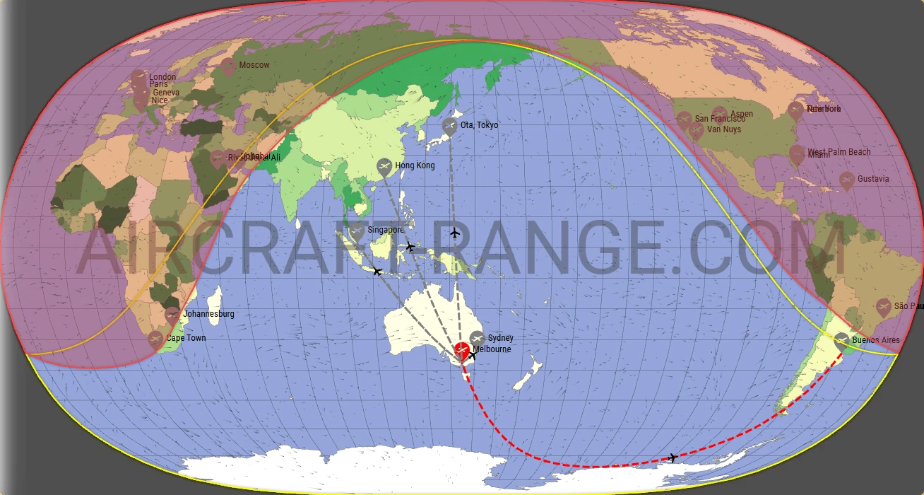 Falcon 8X broker route map from Melbourne Airport (YMML)