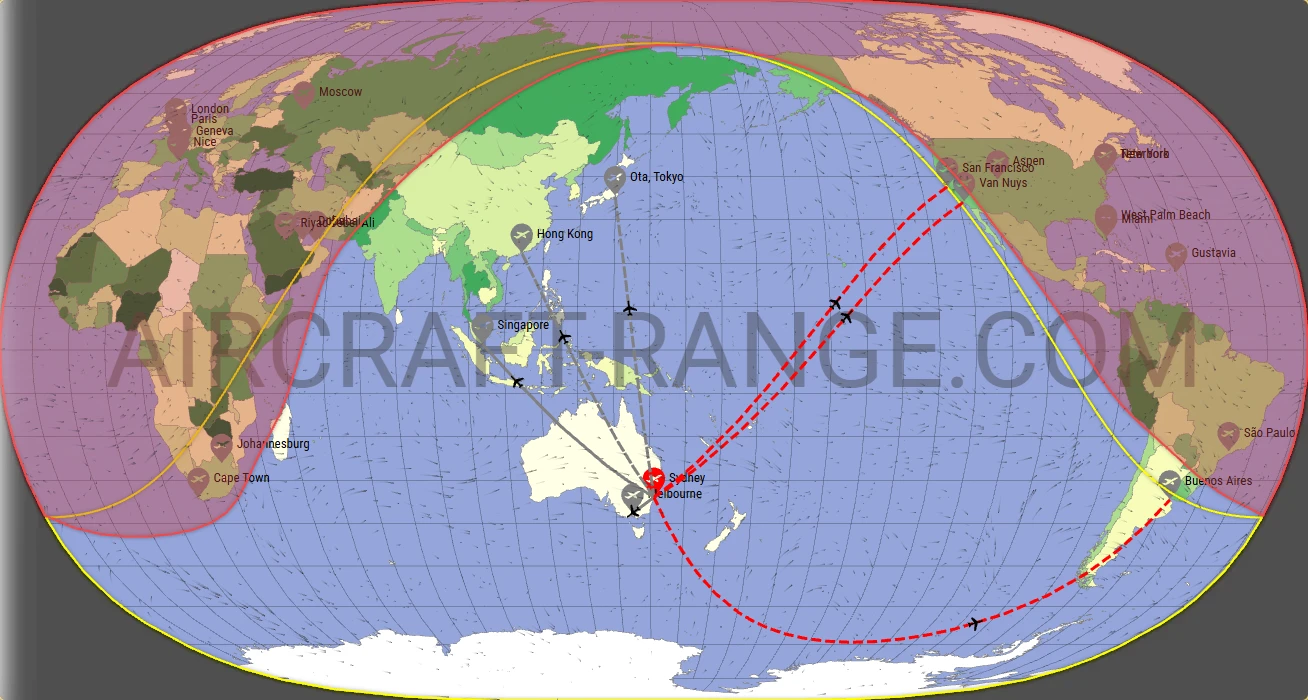 Falcon 8X broker route map from Sydney Kingsford Smith International Airport (YSSY)