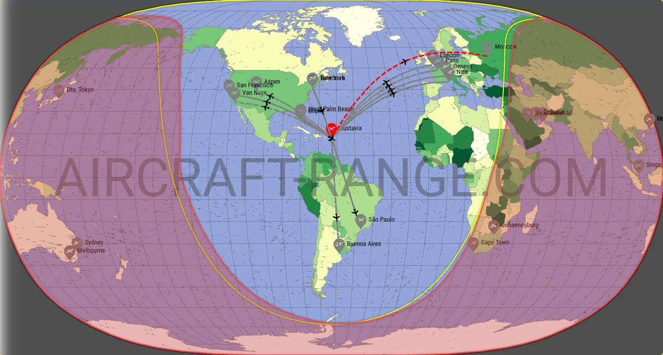 Global 5000 broker route map from St. Jean Airport (TFFJ)