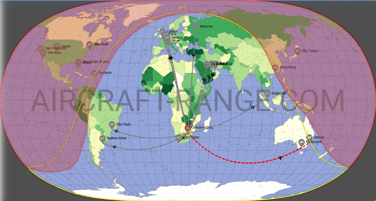 Global 6000 broker route map from O.R. Tambo International Airport (FAOR)