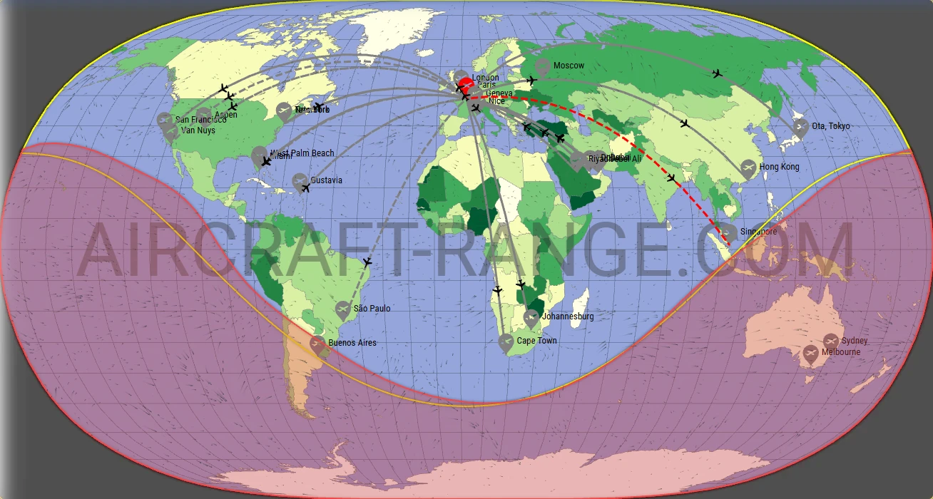 Global 6000 broker route map from Paris-Le Bourget International Airport (LFPB)