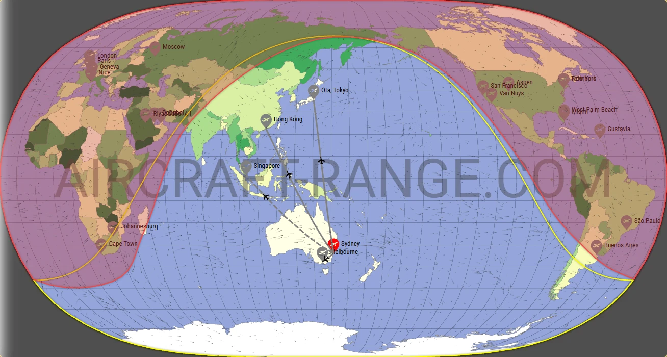 Global 6000 broker route map from Sydney Kingsford Smith International Airport (YSSY)