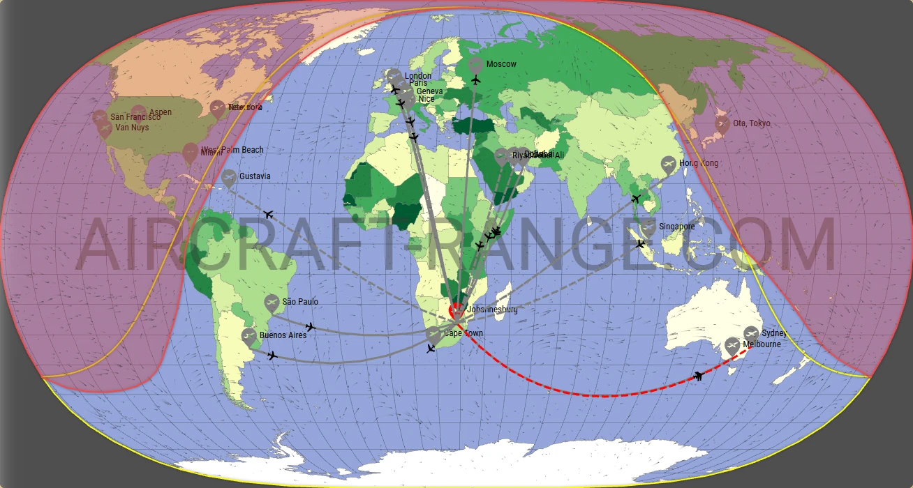 Global 6500 broker route map from O.R. Tambo International Airport (FAOR)