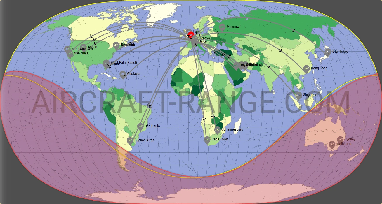 Global 6500 broker route map from Paris-Le Bourget International Airport (LFPB)