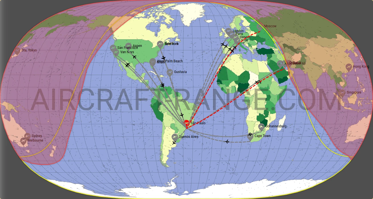 Global 6500 broker route map from São Paulo/Guarulhos–Governor André Franco Montoro International Airport (SBGR)