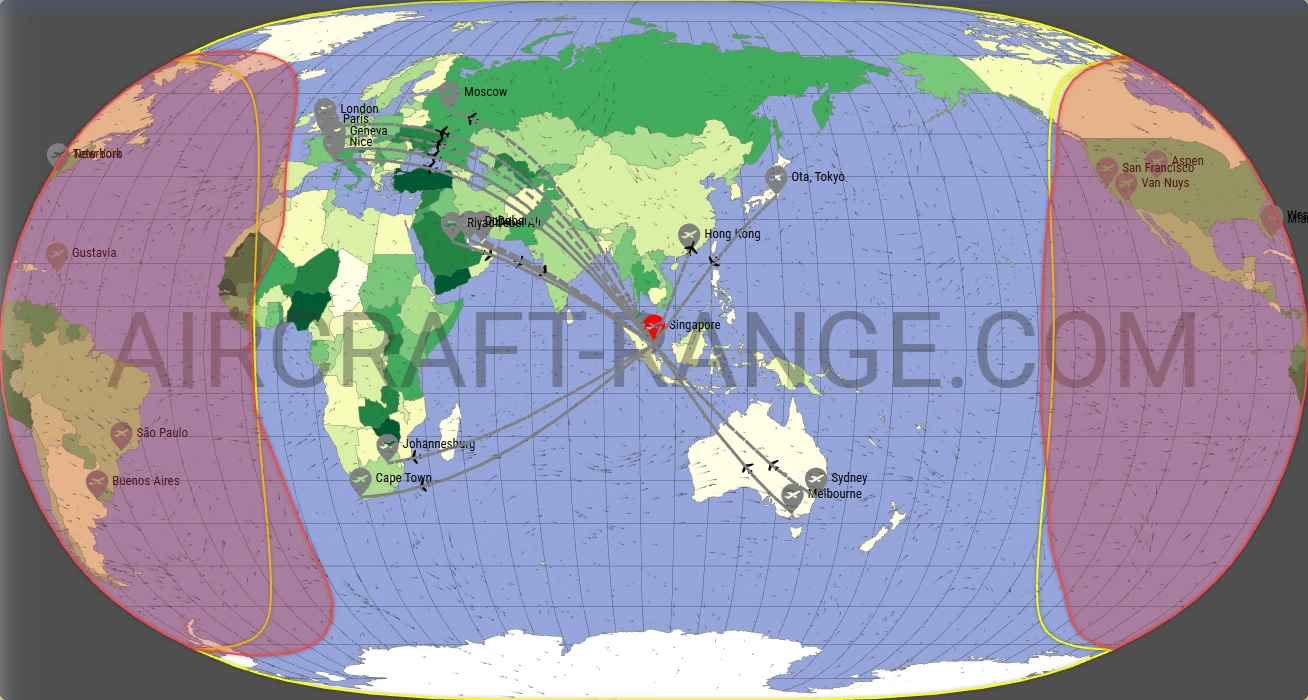 Global 6500 broker route map from Singapore Changi Airport (WSSS)