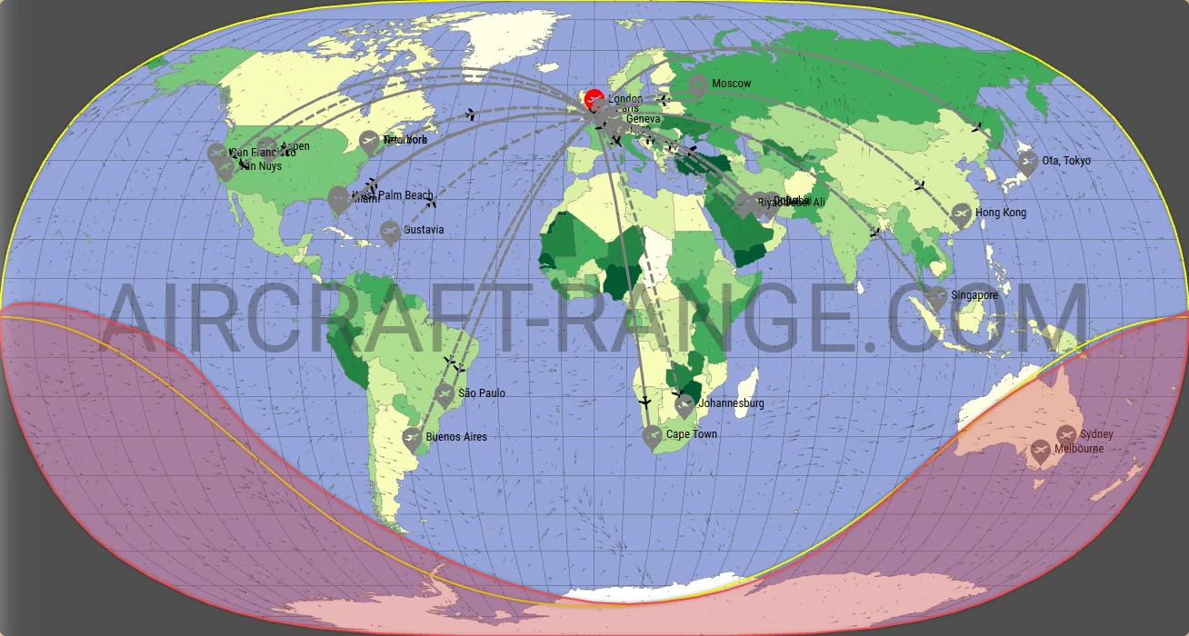 Global 7500 broker route map from London City Airport (EGLC)