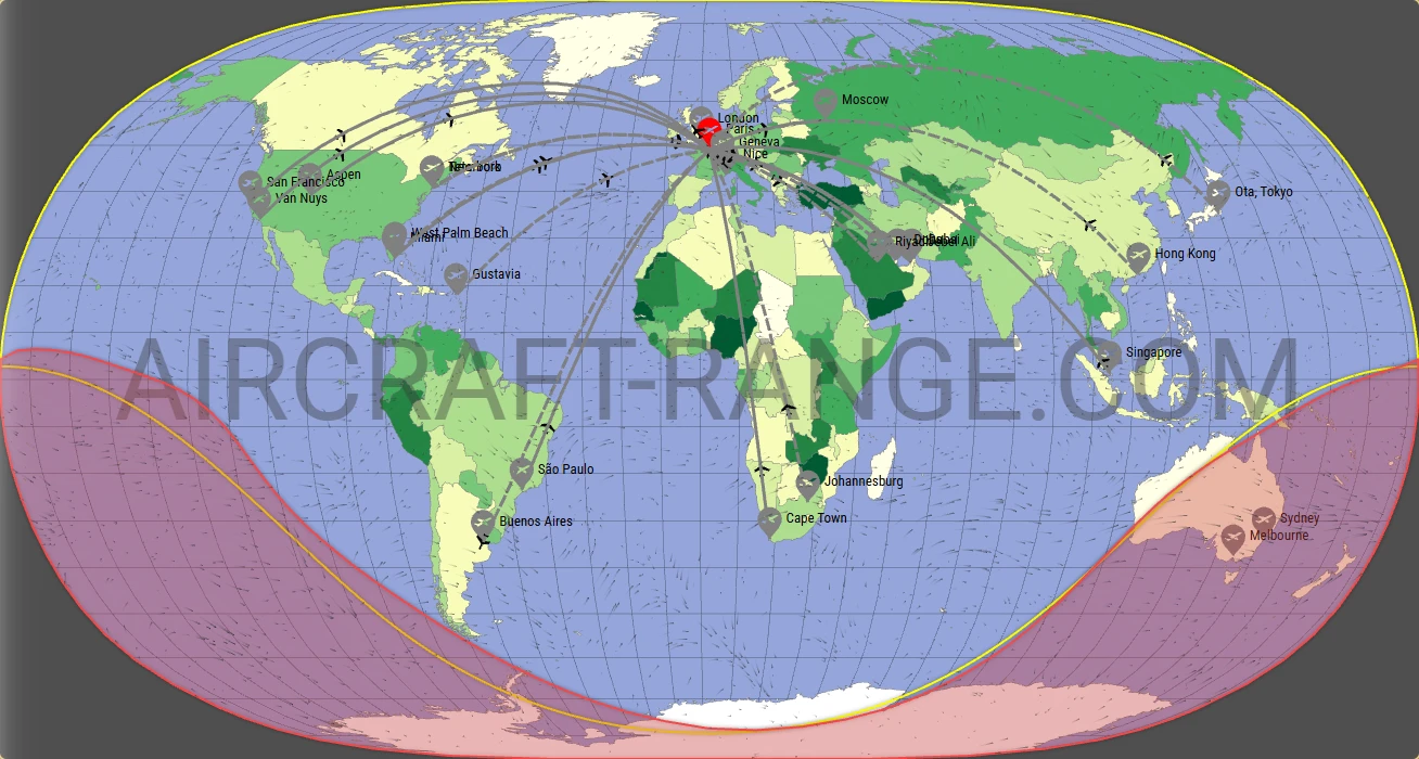 Global 7500 broker route map from Paris-Le Bourget International Airport (LFPB)