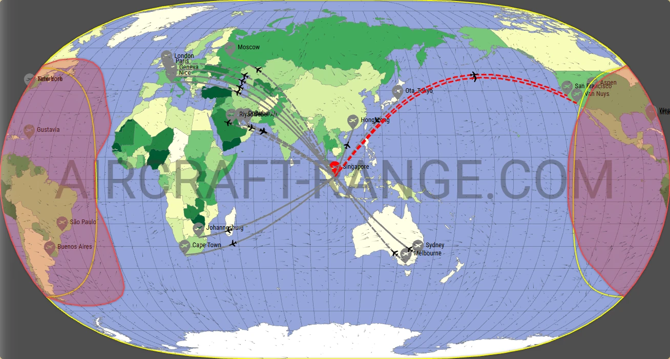 Global 7500 broker route map from Singapore Changi Airport (WSSS)