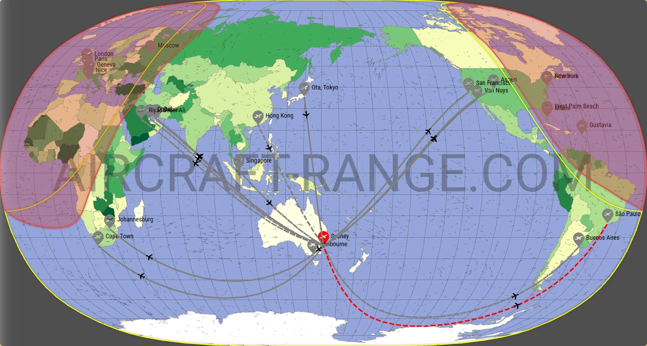 Global 7500 broker route map from Sydney Kingsford Smith International Airport (YSSY)