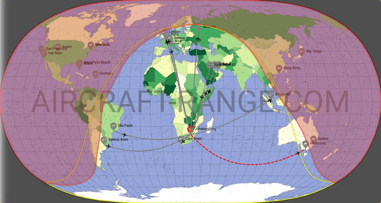 Gulfstream G500 broker route map from O.R. Tambo International Airport (FAOR)