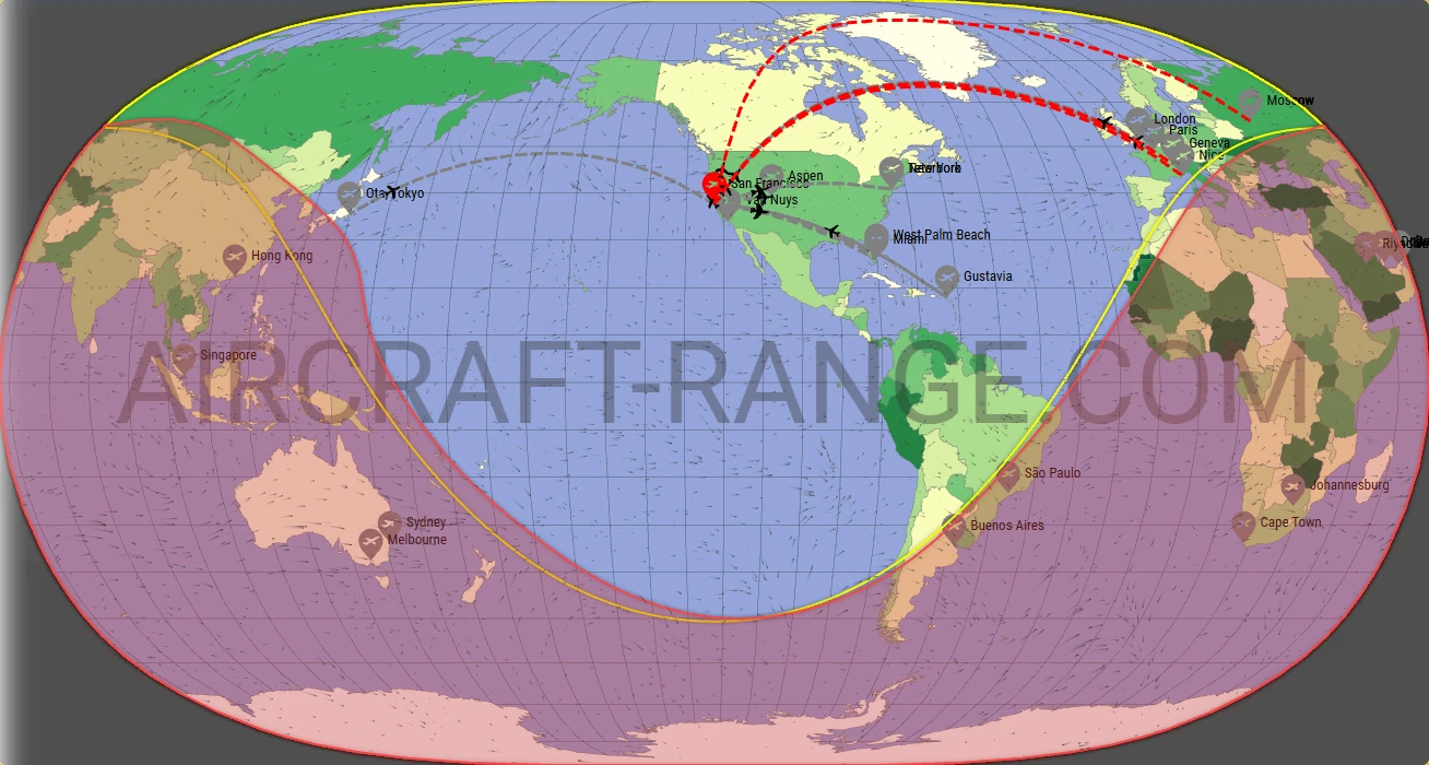 Gulfstream G500 broker route map from San Francisco International Airport (KSFO)