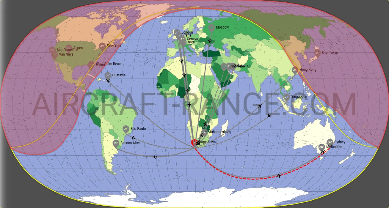 Gulfstream G550 broker route map from Cape Town International Airport (FACT)