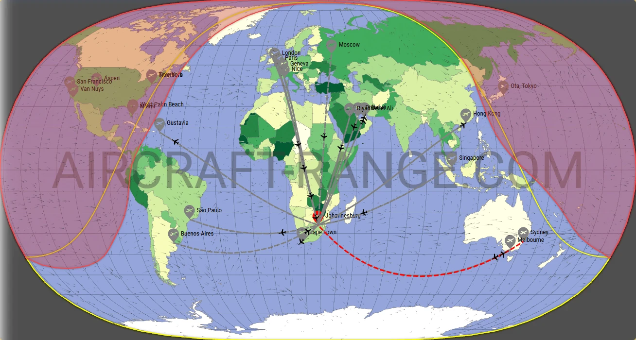 Gulfstream G550 broker route map from O.R. Tambo International Airport (FAOR)