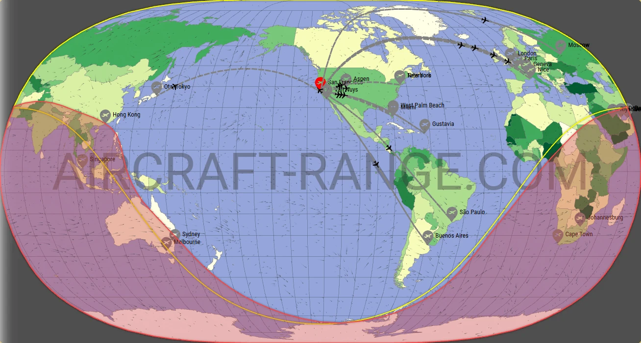 Gulfstream G550 broker route map from San Francisco International Airport (KSFO)