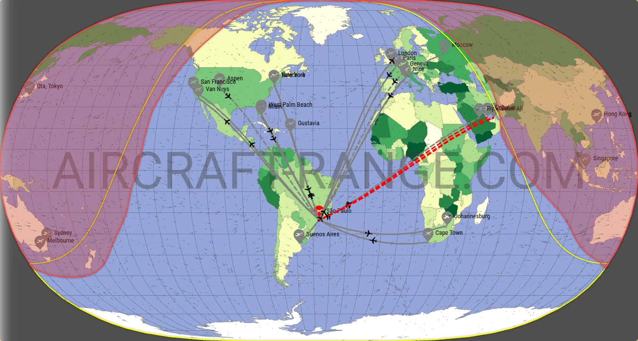 Gulfstream G550 broker route map from São Paulo/Guarulhos–Governor André Franco Montoro International Airport (SBGR)