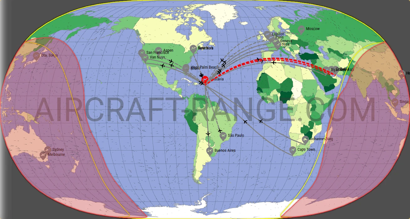 Gulfstream G550 broker route map from St. Jean Airport (TFFJ)