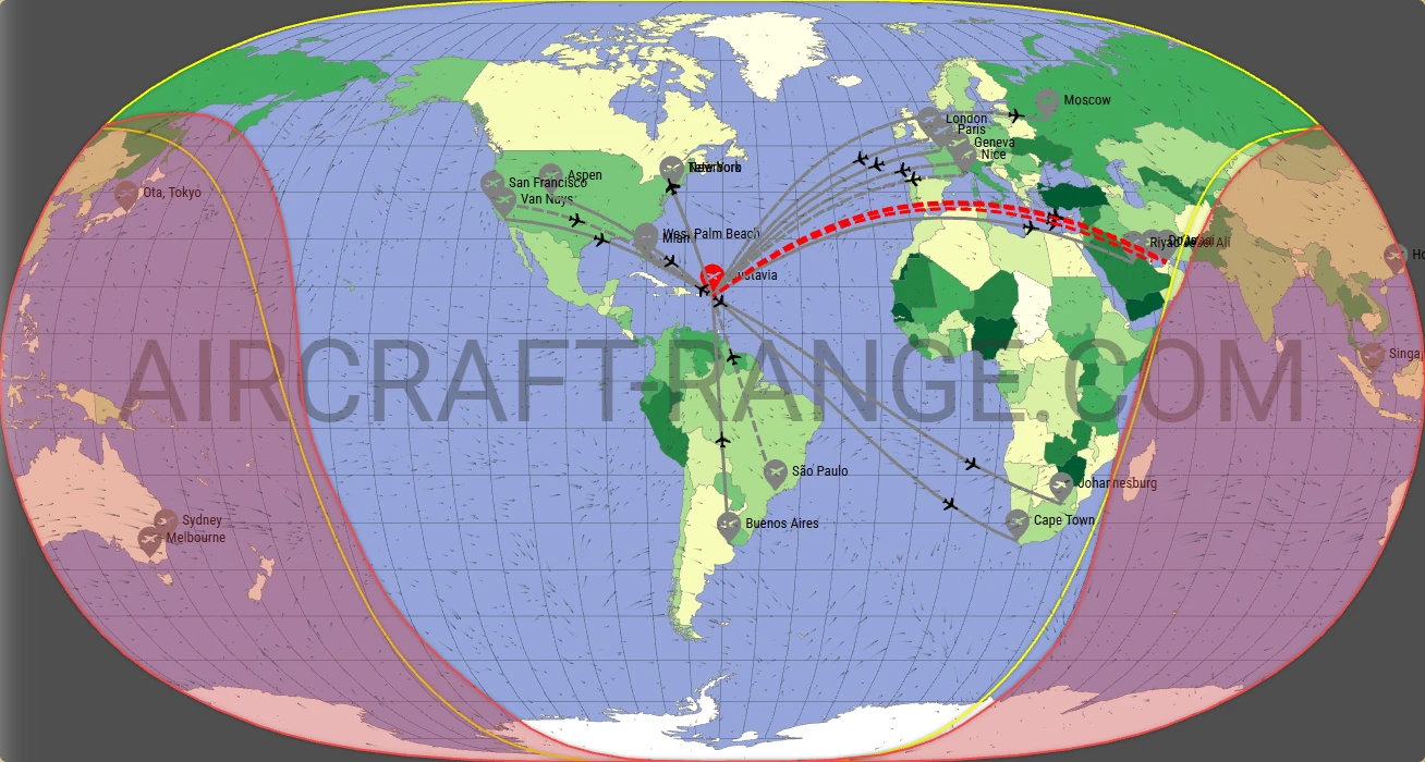 Gulfstream G600 broker route map from St. Jean Airport (TFFJ)