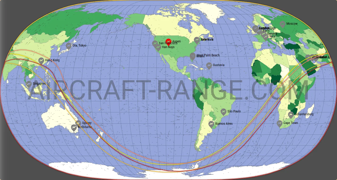 Gulfstream G600 vs Gulfstream G650ER range map from Aspen-Pitkin County Airport (Sardy Field) (KASE)