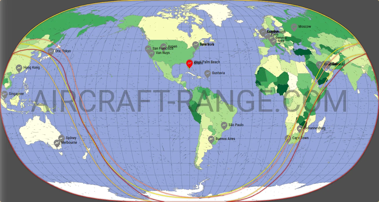 Gulfstream G600 vs Gulfstream G650ER range map from Miami-Opa Locka Executive Airport (KOPF)