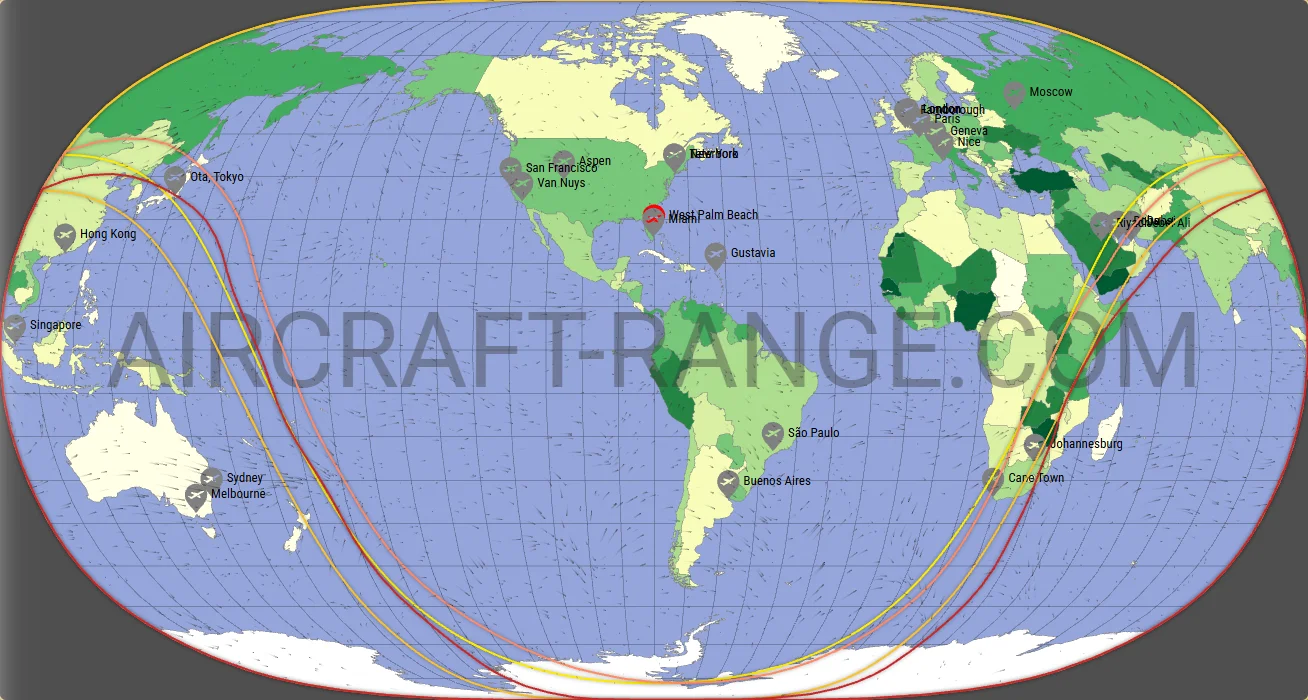 Gulfstream G600 vs Gulfstream G650ER range map from Palm Beach International Airport (KPBI)
