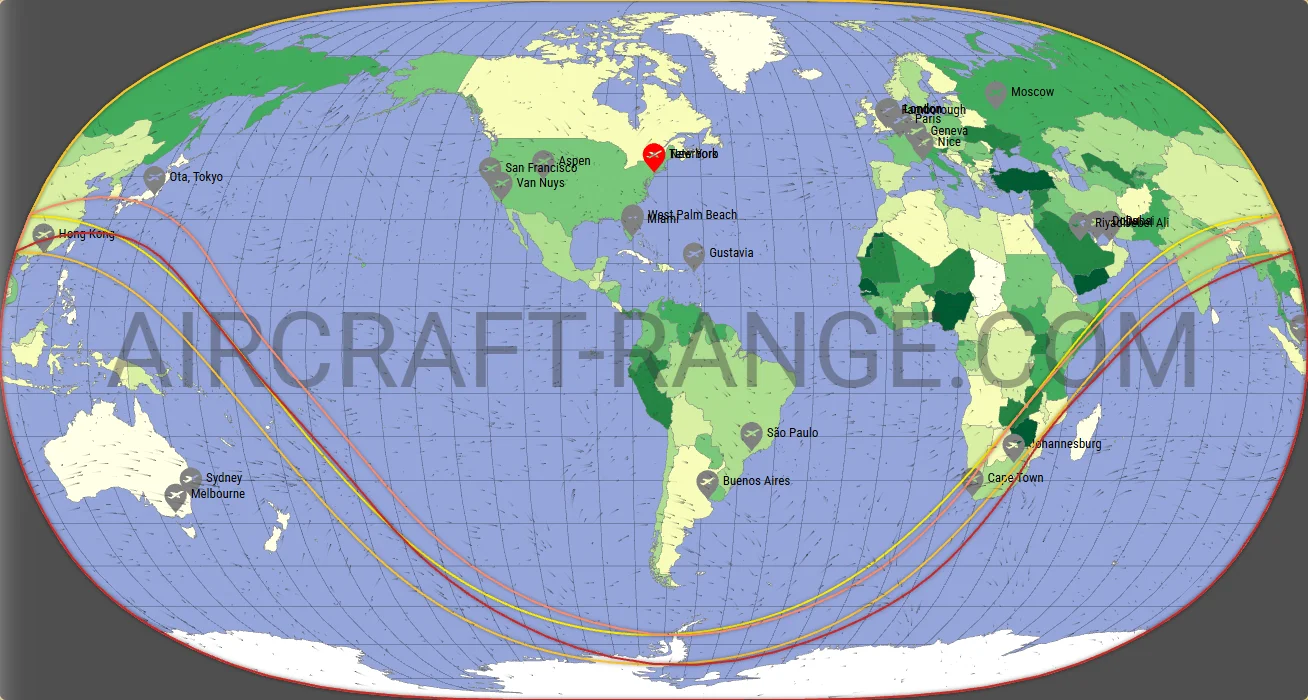 Gulfstream G600 vs Gulfstream G650ER range map from Teterboro Airport (KTEB)