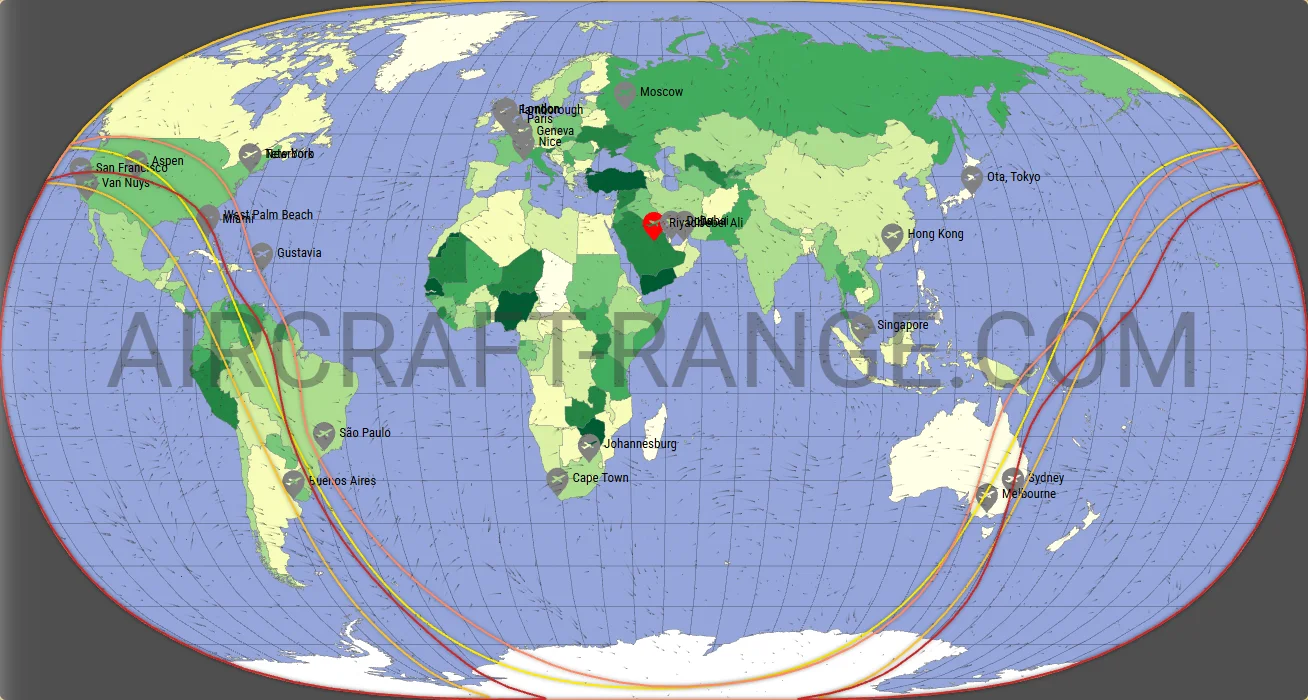 Gulfstream G600 vs Gulfstream G650ER range map from King Khalid International Airport (OERK)