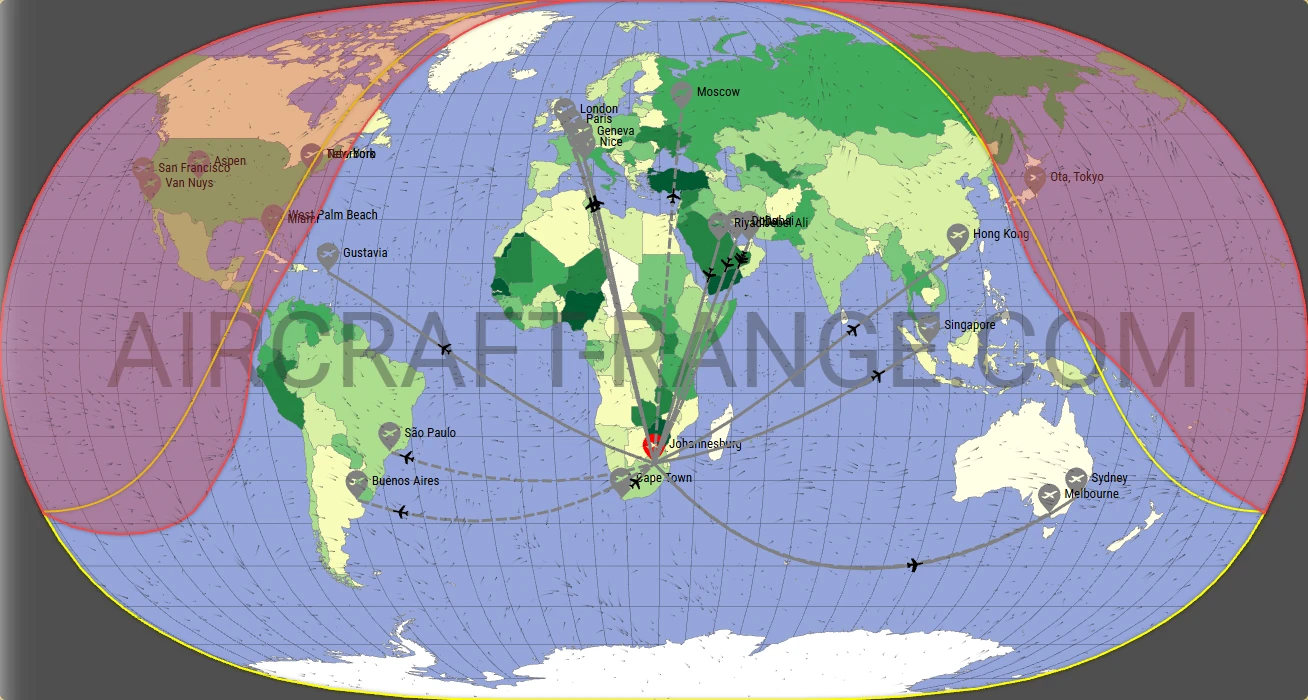Gulfstream G650 broker route map from O.R. Tambo International Airport (FAOR)