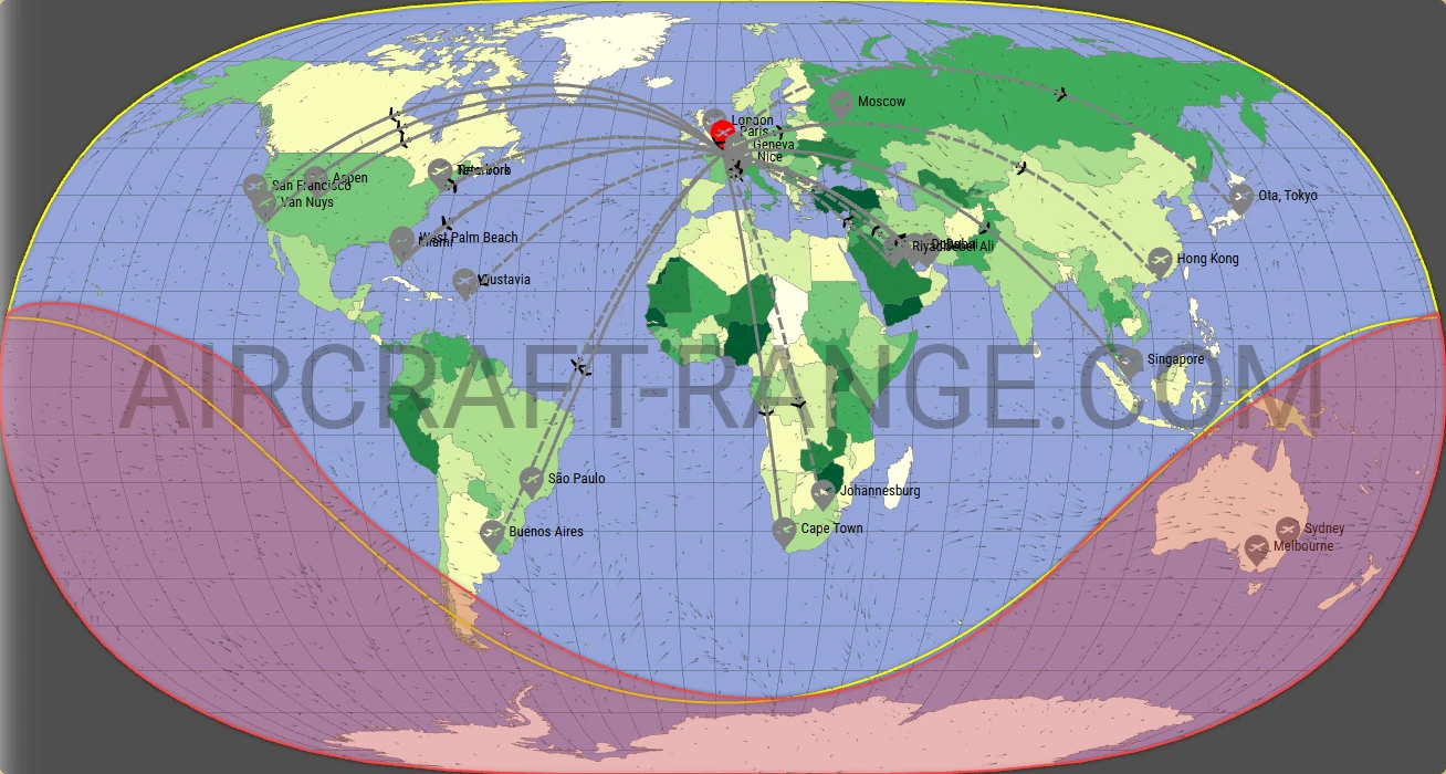 Gulfstream G650 broker route map from Paris-Le Bourget International Airport (LFPB)
