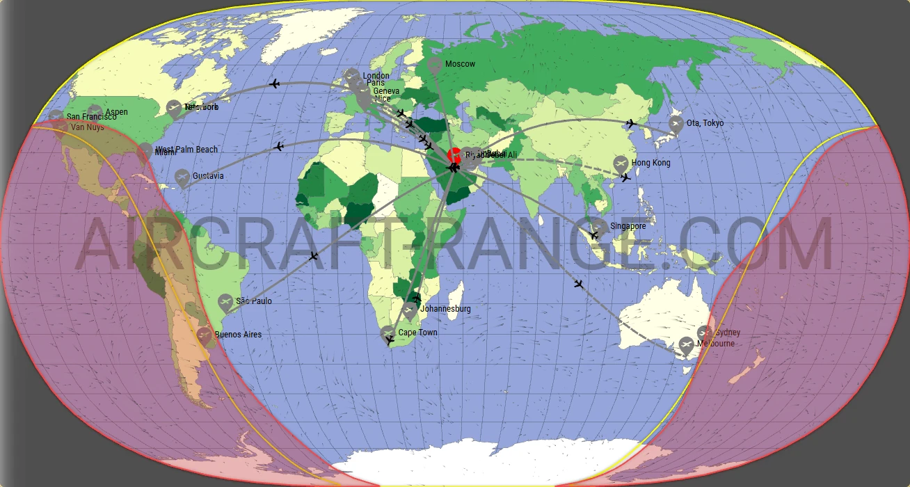 Gulfstream G650 broker route map from King Khalid International Airport (OERK)