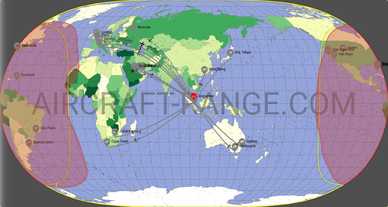 Gulfstream G650 broker route map from Singapore Changi Airport (WSSS)