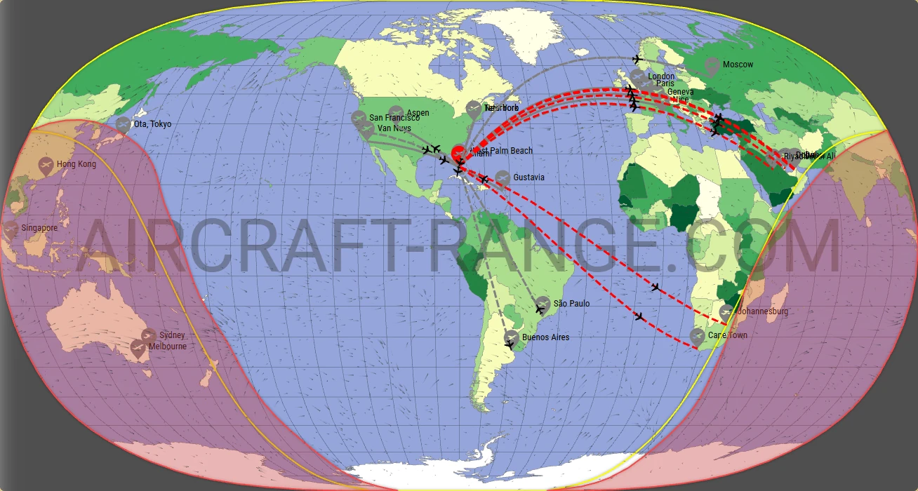 Gulfstream G650ER broker route map from Miami-Opa Locka Executive Airport (KOPF)