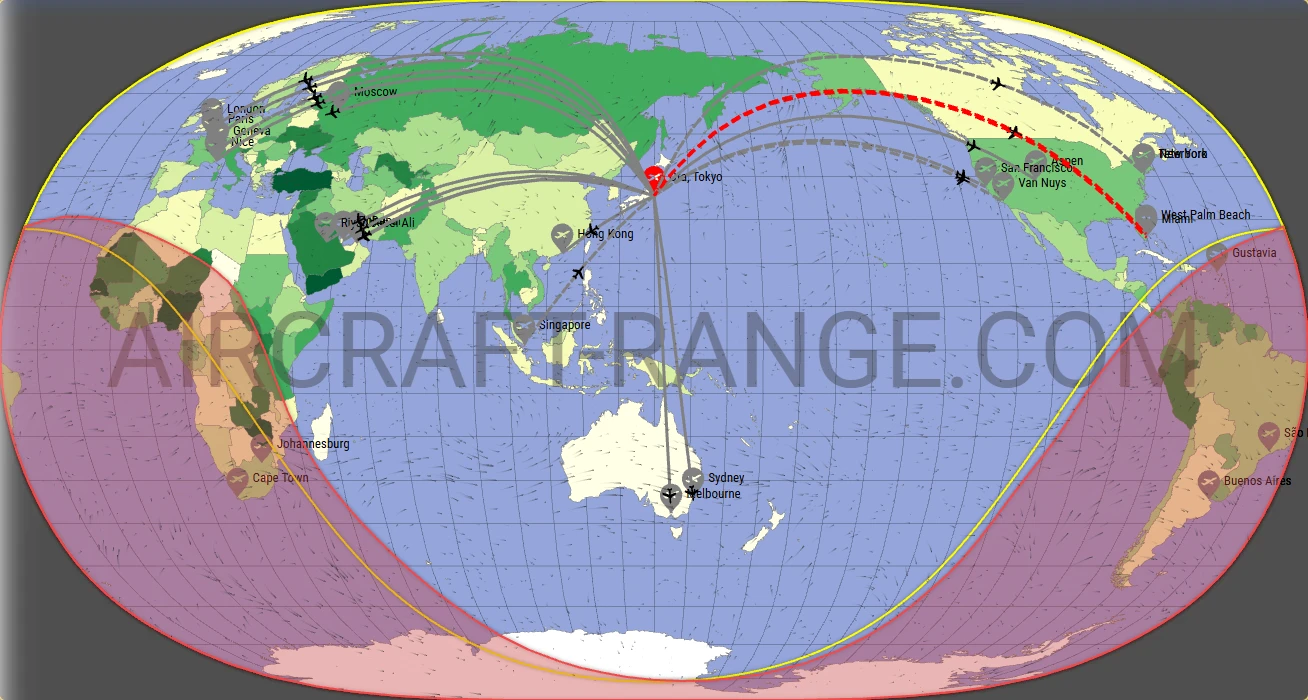 Gulfstream G650ER broker route map from Tokyo Haneda International Airport (RJTT)