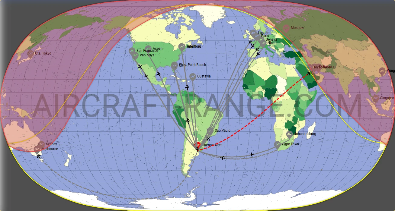Gulfstream G650ER broker route map from Aeroparque Jorge Newbery (SABE)
