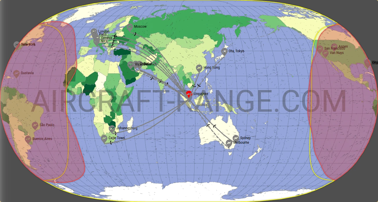Gulfstream G650ER broker route map from Singapore Changi Airport (WSSS)