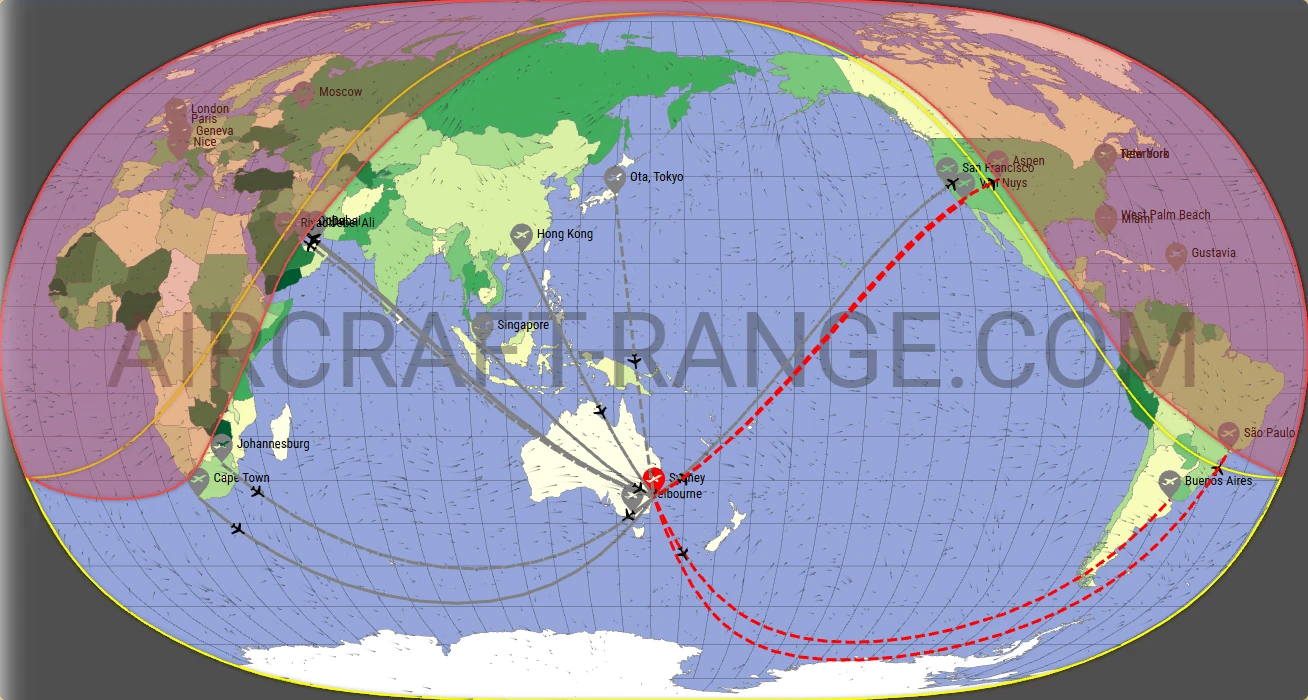 Gulfstream G650ER broker route map from Sydney Kingsford Smith International Airport (YSSY)