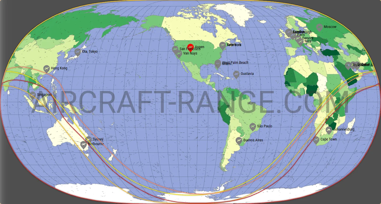 Gulfstream G650ER vs Gulfstream G700 range map from Aspen-Pitkin County Airport (Sardy Field) (KASE)
