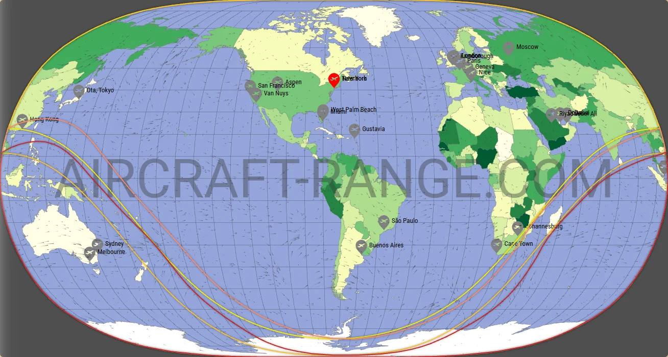 Gulfstream G650ER vs Gulfstream G700 range map from Teterboro Airport (KTEB)