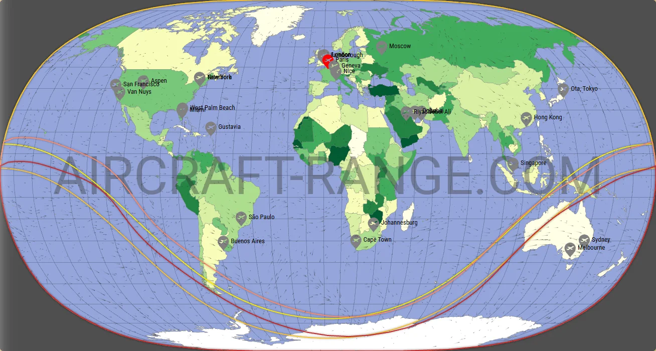 Gulfstream G650ER vs Gulfstream G700 range map from Paris-Le Bourget International Airport (LFPB)