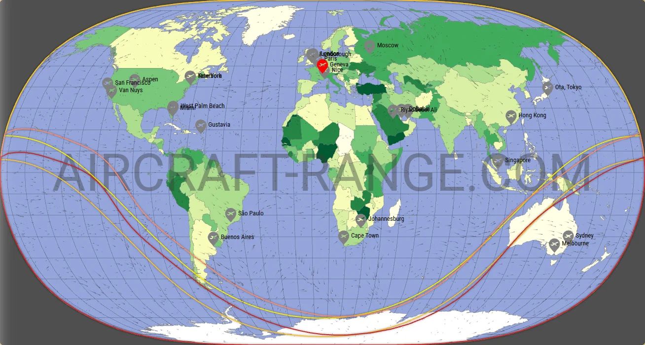 Gulfstream G650ER vs Gulfstream G700 range map from Geneva International Airport (LSGG)