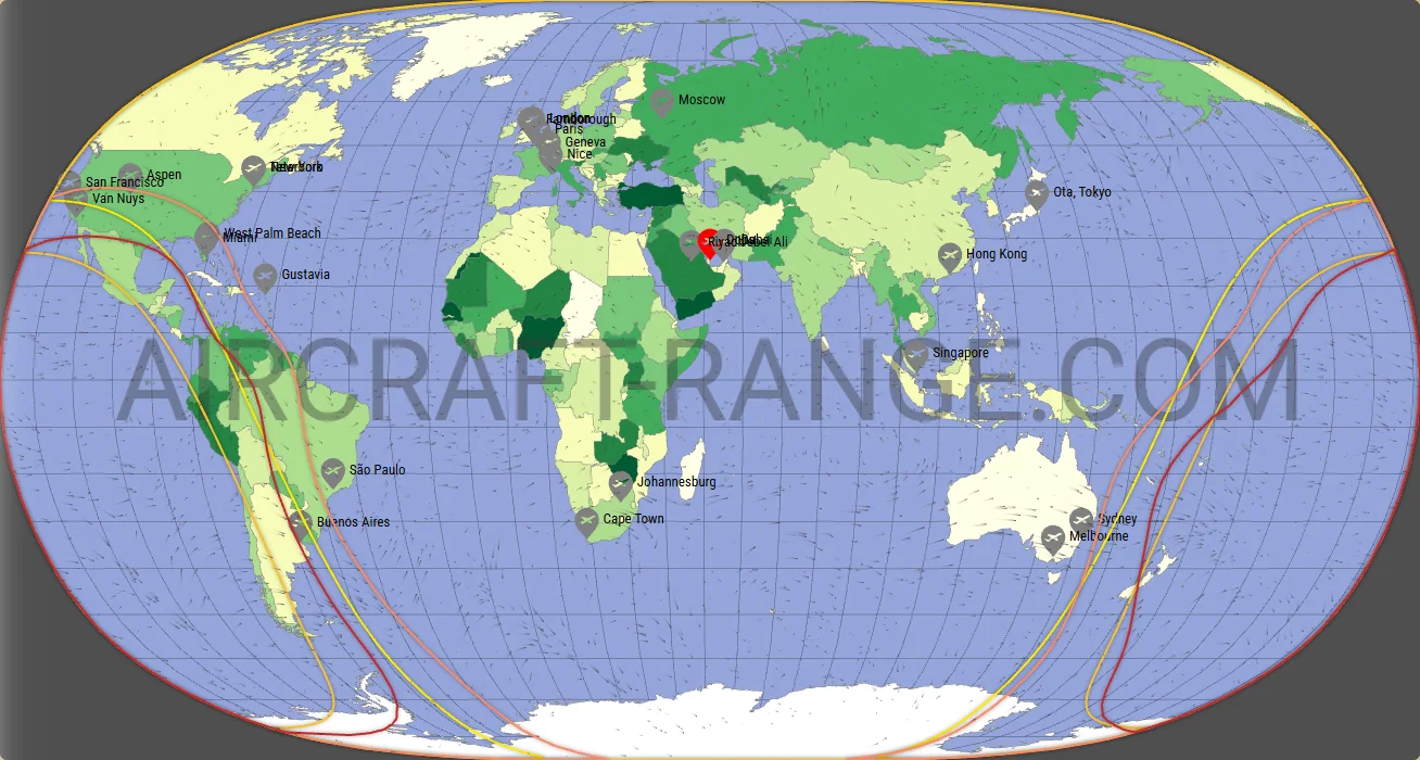 Gulfstream G650ER vs Gulfstream G700 range map from Hamad International Airport (OTHH)