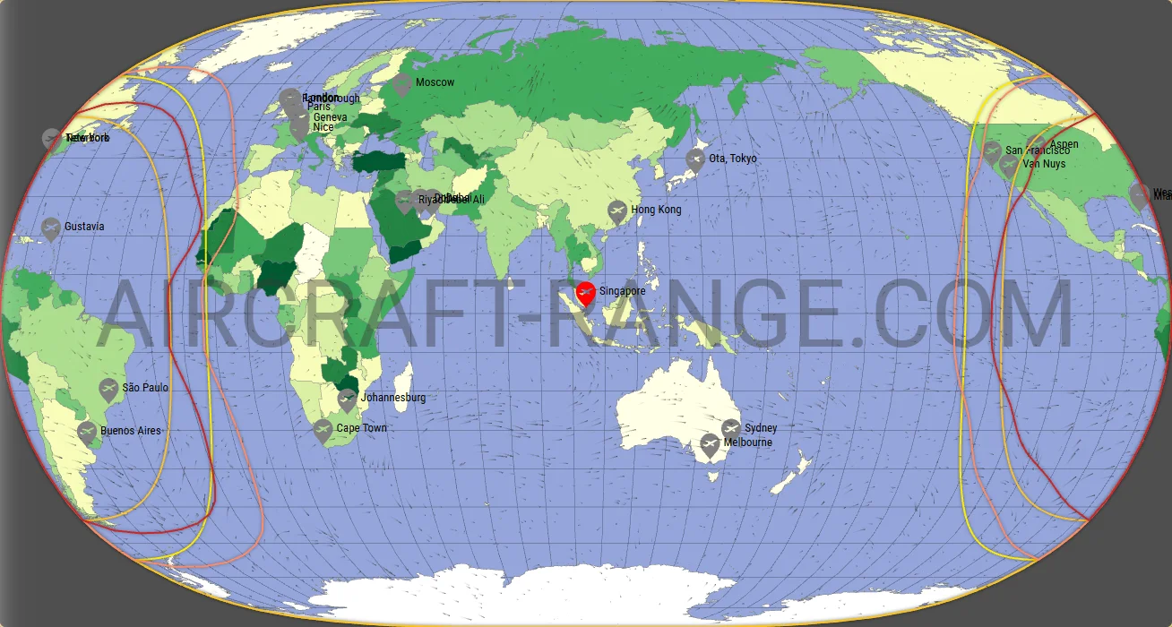 Gulfstream G650ER vs Gulfstream G700 range map from Singapore Changi Airport (WSSS)